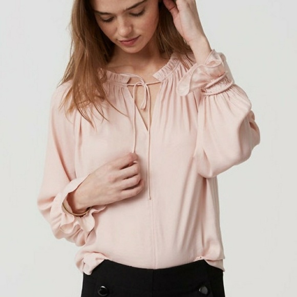 LOFT Tops - Loft Millenial Pink Ruffle Tie Neck Blouse